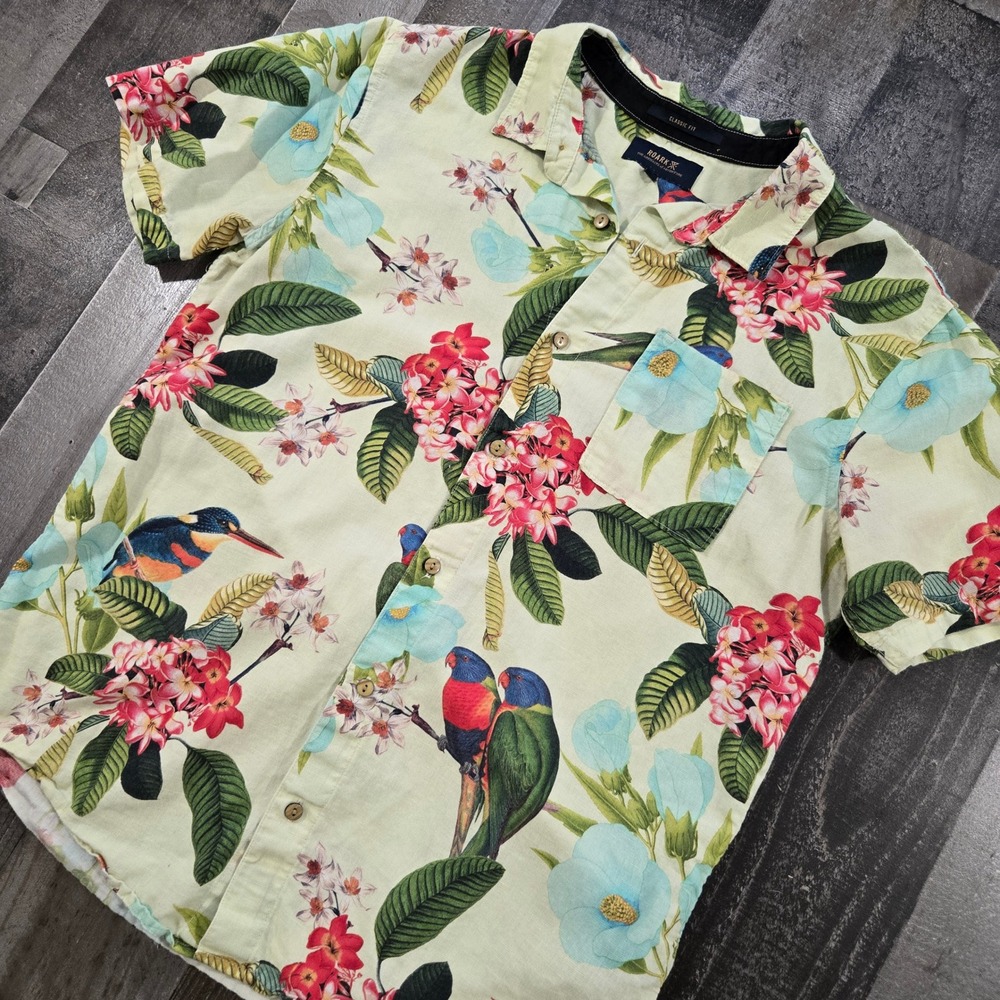 Roark Journey Manu Floral Shirt Men Size M Organic Cotton Linen Blend Button Up